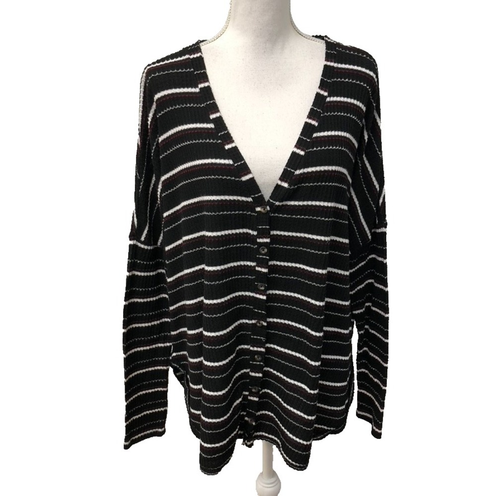 Out From Under Thermal Knit Top Cardigan Womens Large Black Stripe Oversize